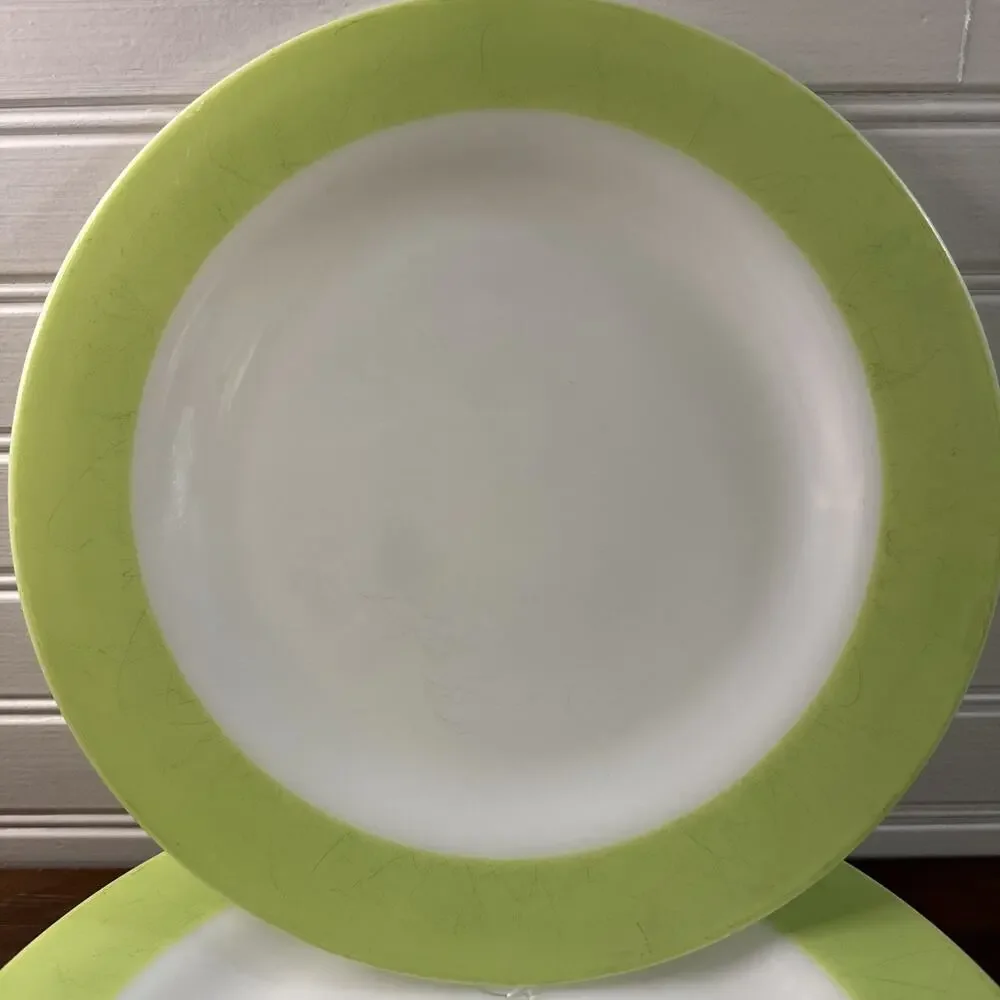 Set of 4 Pyrex Lime Green Band Dinner Plate Milk Glass MCM 10